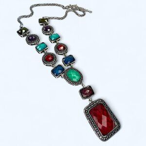 Silver Tone Statement Necklace Faceted Multicoloured Plastic Stones 20 inches